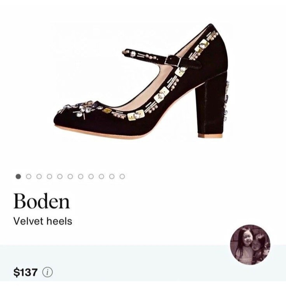 Boden Black Velvet Mary Jane Heels Beaded Rhinestone Round Toe EU 39 / US 8